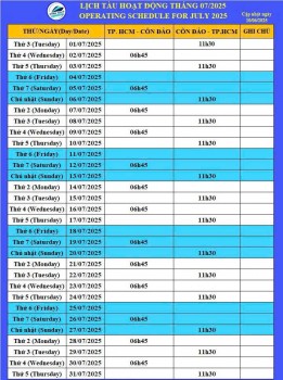 Thông Báo: Lịch Tàu HCM - Côn Đảo (tàu Phú Quý Express) 7/2025