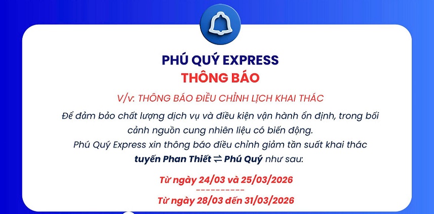 Phú Quý Express điều chỉnh giảm lịch chạy tàu Phan Thiết - Phú Quý 3/2026